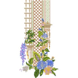 Elegant Blue Floral Neckline Embroidery Design with Lattice Panel and Ornamental Column Details