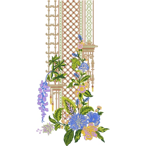 Elegant Blue Floral Neckline Embroidery Design with Lattice Panel and Ornamental Column Details