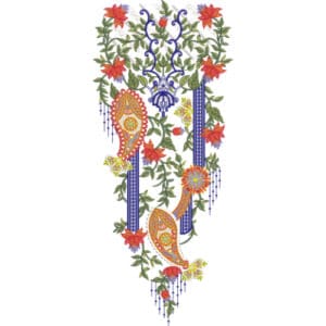 Vibrant Paisley Floral Neckline Embroidery Design with Blue Vertical Borders and Decorative Hangings