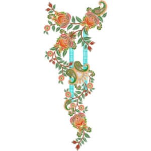 Vibrant Paisley Floral Neckline Embroidery Design with Turquoise Geometric Panel