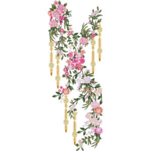 Delicate Pink Floral Neckline Embroidery Design with Elegant Hanging Gold Tassel Accents