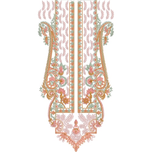 Elegant Pastel Floral Neckline Embroidery Design with Symmetrical Panel and Ornamental Borders