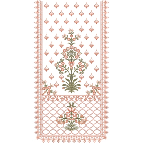 Traditional Floral Neckline Embroidery Design with Central Bouquet and Decorative Border Panels