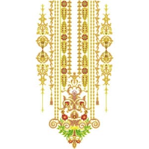 Luxurious Gold Ornamental Neckline Embroidery Design with Floral Accents and Hanging Elements