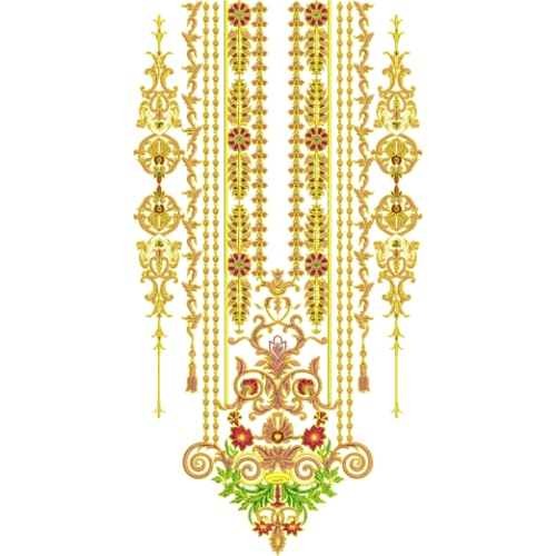 Luxurious Gold Ornamental Neckline Embroidery Design with Floral Accents and Hanging Elements