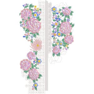 Soft Pink Floral Neckline Embroidery Design with Geometric Panel and Delicate Multicolor Accents
