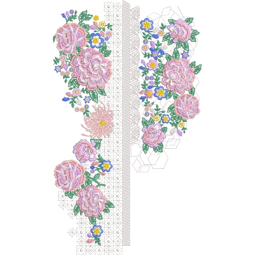 Soft Pink Floral Neckline Embroidery Design with Geometric Panel and Delicate Multicolor Accents