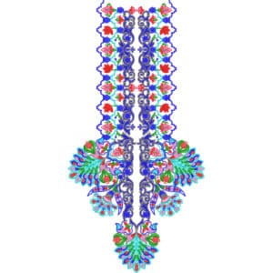 Vibrant Blue Ornamental Neckline Embroidery Design with Multicolor Floral and Peacock-Inspired Motifs