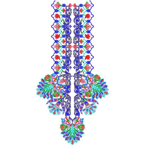 Vibrant Blue Ornamental Neckline Embroidery Design with Multicolor Floral and Peacock-Inspired Motifs