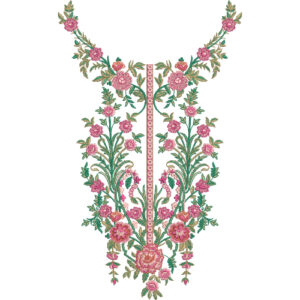 Elegant Symmetrical Pink Floral Neckline Embroidery Design with Central Decorative Panel
