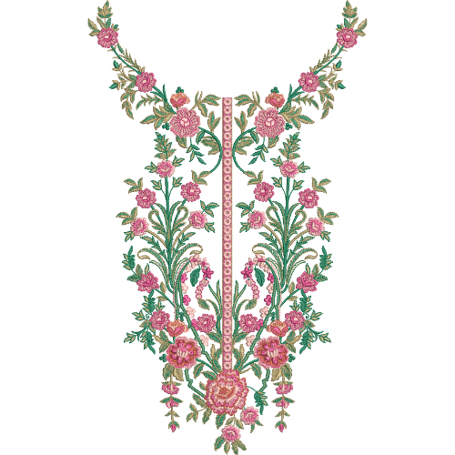 Elegant Symmetrical Pink Floral Neckline Embroidery Design with Central Decorative Panel