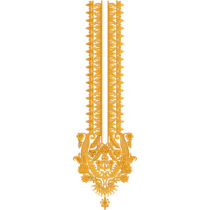 Luxurious Gold Neckline Embroidery Design with Ornamental Vertical Panels and Intricate Base Motif
