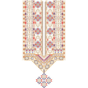 Traditional Geometric Neckline Embroidery Design with Multicolor Tribal-Inspired Patterns