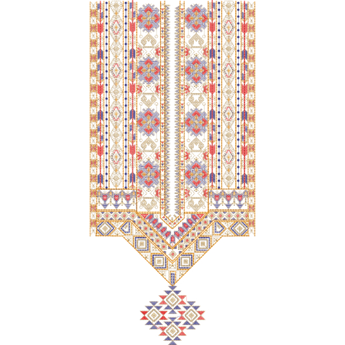 Traditional Geometric Neckline Embroidery Design with Multicolor Tribal-Inspired Patterns