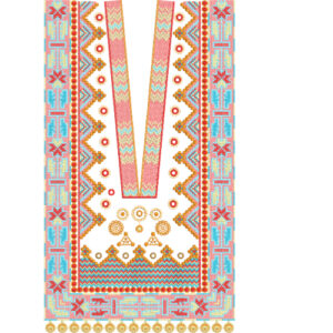 Vibrant Geometric Neckline Embroidery Design with Multicolor Ethnic Motifs and V-Shaped Panel