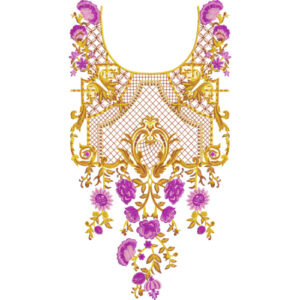 Luxurious Gold and Purple Floral Neckline Embroidery Design with Ornamental Lattice Detailing