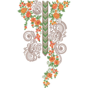 Elegant Orange Floral Neckline Embroidery Design with Central Chevron Panel and Ornamental Scrollwork