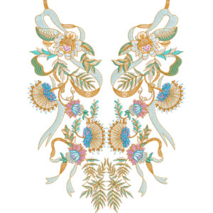 Elegant Symmetrical Floral Neckline Embroidery Design with Gold Accents and Artistic Ribbon Detailing