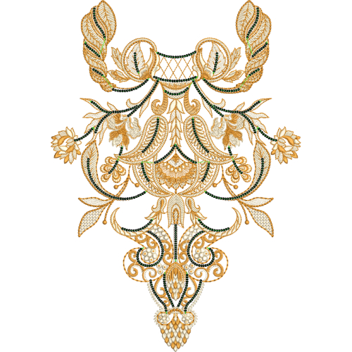 Luxurious Gold Paisley Neckline Embroidery Design with Intricate Beaded Detailing