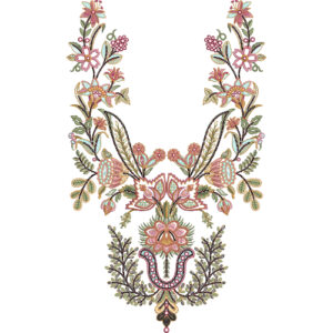 Elegant Multicolor Floral Neckline Embroidery Design with Symmetrical Botanical Detailing