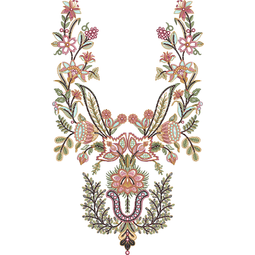 Elegant Multicolor Floral Neckline Embroidery Design with Symmetrical Botanical Detailing