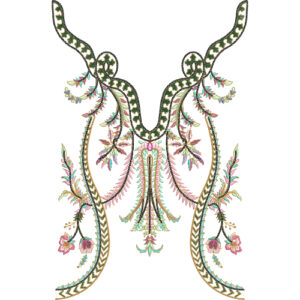 Elegant V-Shaped Neckline Embroidery Design with Delicate Floral Vines and Ornamental Borders