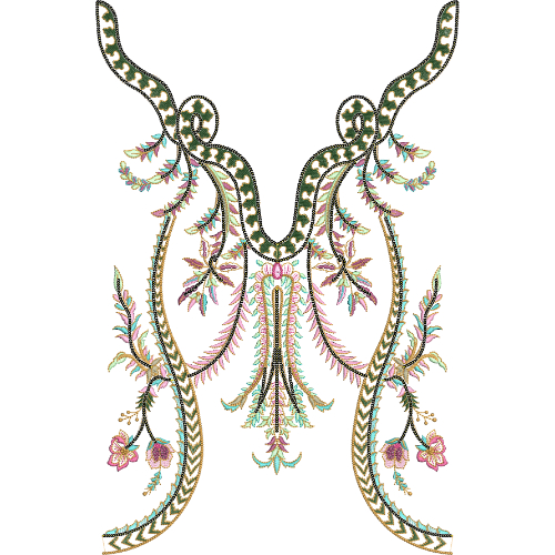 Elegant V-Shaped Neckline Embroidery Design with Delicate Floral Vines and Ornamental Borders