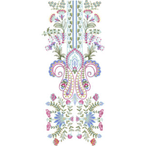 Elegant Pastel Floral Neckline Embroidery Design with Paisley Motifs and Decorative Vertical Panel