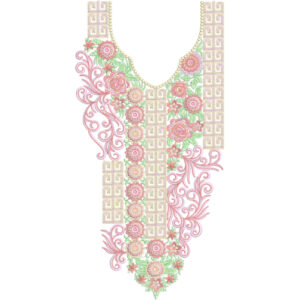 Elegant Pink Floral Neckline Embroidery Design with Geometric Border and Decorative Scrollwork