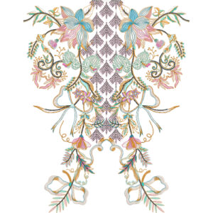 Elegant Symmetrical Floral Neckline Embroidery Design with Decorative Lattice Panel and Ribbon Accents