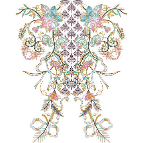 Elegant Symmetrical Floral Neckline Embroidery Design with Decorative Lattice Panel and Ribbon Accents