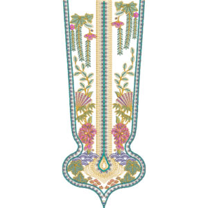 Elegant Vertical Neckline Embroidery Design with Multicolor Floral Motifs and Ornamental Border