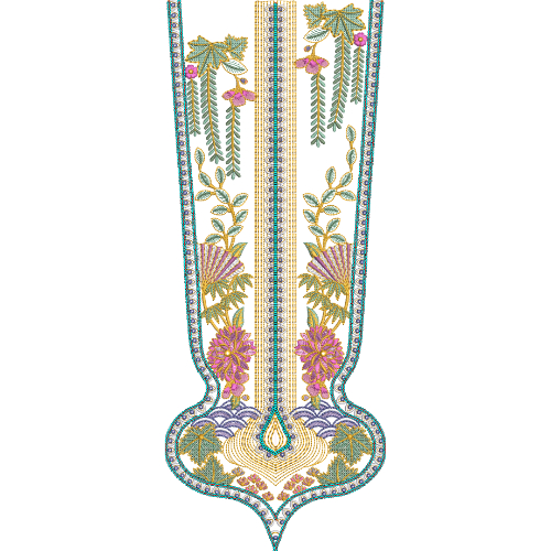 Elegant Vertical Neckline Embroidery Design with Multicolor Floral Motifs and Ornamental Border