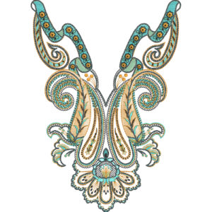 Elegant Paisley Neckline Embroidery Design with Turquoise Accents and Ornamental Detailing