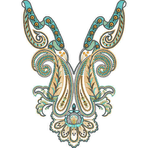 Elegant Paisley Neckline Embroidery Design with Turquoise Accents and Ornamental Detailing