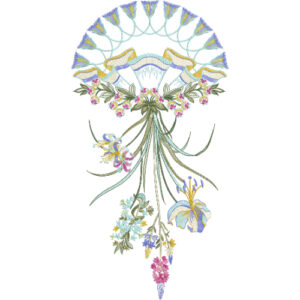 Artistic Floral Neckline Embroidery Design with Fan-Shaped Motif and Cascading Botanical Elements