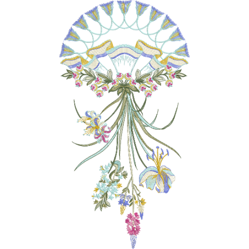 Artistic Floral Neckline Embroidery Design with Fan-Shaped Motif and Cascading Botanical Elements