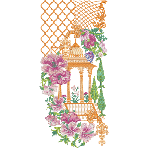 Elegant Floral Neckline Embroidery Design with Architectural Pavilion and Ornamental Lattice