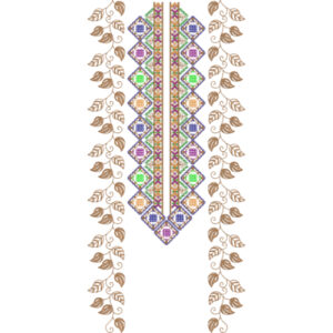 Colorful Geometric Neckline Embroidery Design with Diamond Motifs and Decorative Leaf Borders