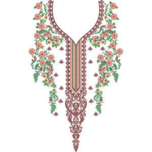 Elegant Floral Neckline Embroidery Design with Multicolor Central Panel and Ornamental Base
