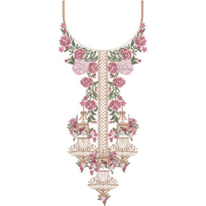 Elegant Rose Neckline Embroidery Design with Central Lattice Panel and Ornamental Hanging Motifs