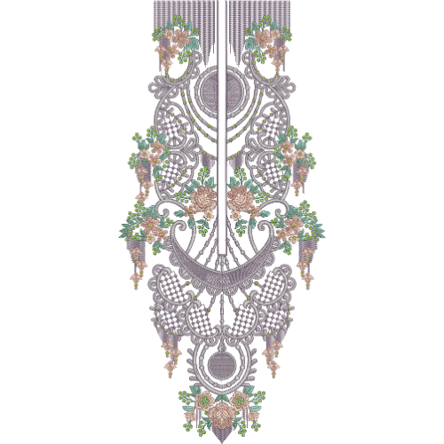 Elegant Grey Ornamental Neckline Embroidery Design with Delicate Floral Accents and Hanging Details