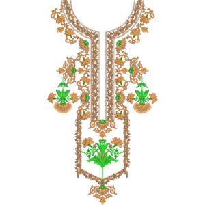 Elegant Gold and Green Floral Neckline Embroidery Design with Ornamental Scrollwork