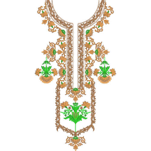 Elegant Gold and Green Floral Neckline Embroidery Design with Ornamental Scrollwork