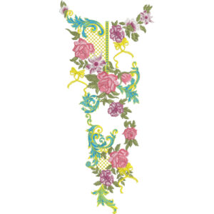 Vibrant Floral Neckline Embroidery Design with Blue Scroll Accents and Decorative Lattice Panels
