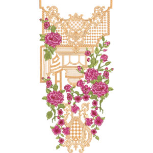 Elegant Pink Rose Neckline Embroidery Design with Ornamental Gold Framework