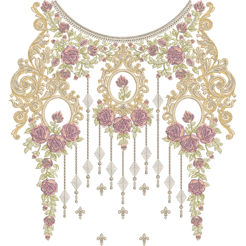 Luxury Rose Neckline Embroidery Design with Ornate Scrollwork and Hanging Jewel Tassel Elements