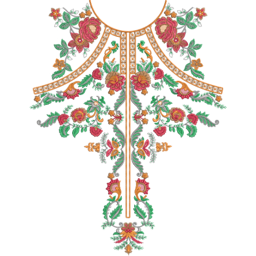 Vibrant Floral Neckline Embroidery Design with Symmetrical Vines and Decorative Panel Detailing
