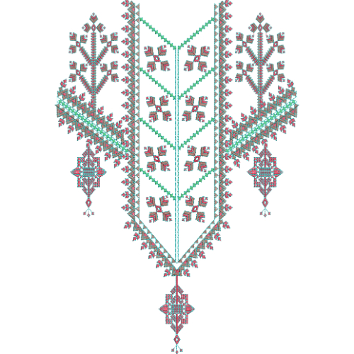 Geometric Tribal Neckline Embroidery Design with Symmetrical Motifs and Linear Detailing