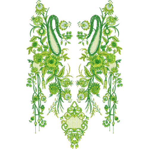 Symmetrical Green Floral Neckline Embroidery Design with Paisley Motifs and Ornamental Vine Detailing